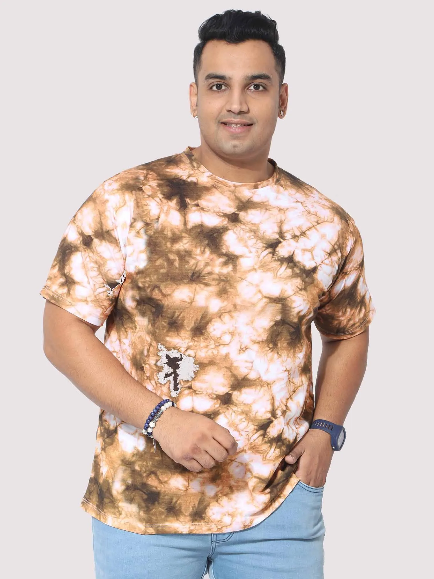 Men Plus Size Mustard Tie Dye Texture Digital Printed Round Neck T-Shirt