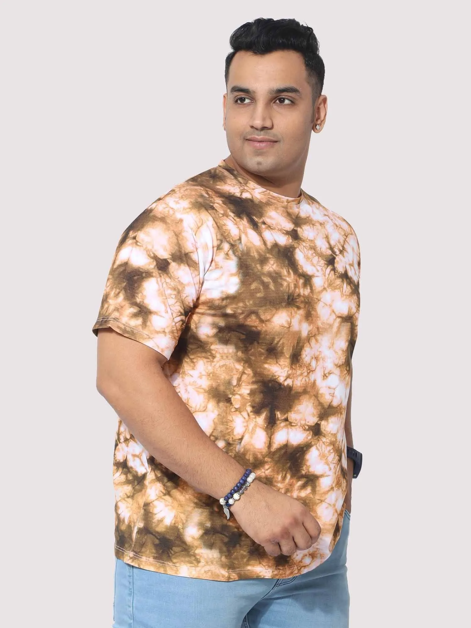 Men Plus Size Mustard Tie Dye Texture Digital Printed Round Neck T-Shirt