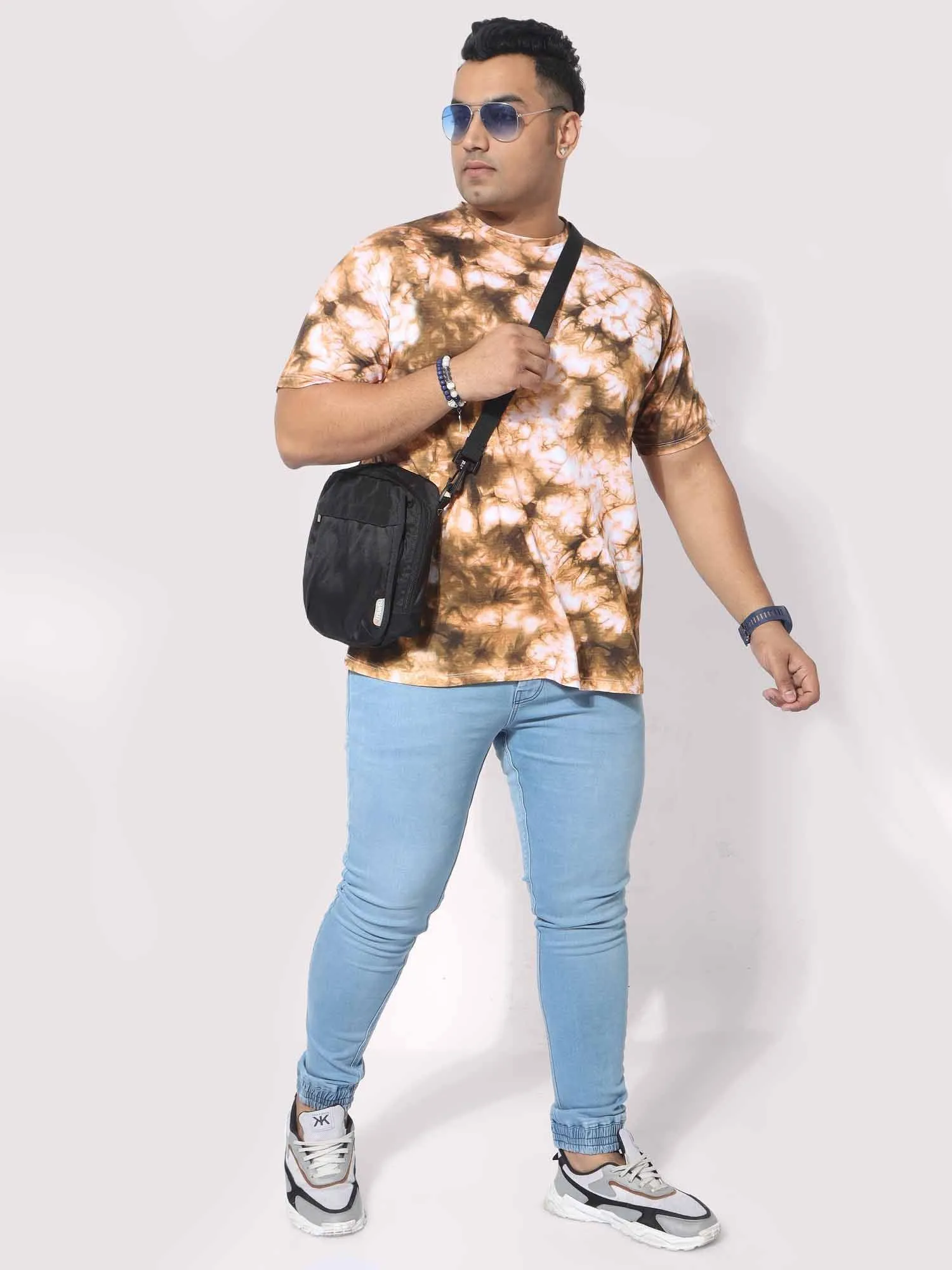 Men Plus Size Mustard Tie Dye Texture Digital Printed Round Neck T-Shirt