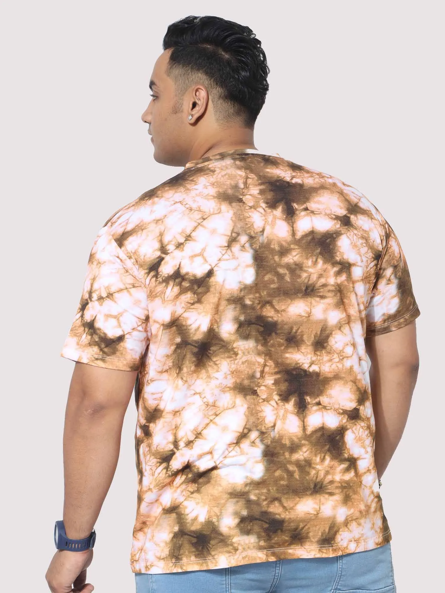 Men Plus Size Mustard Tie Dye Texture Digital Printed Round Neck T-Shirt