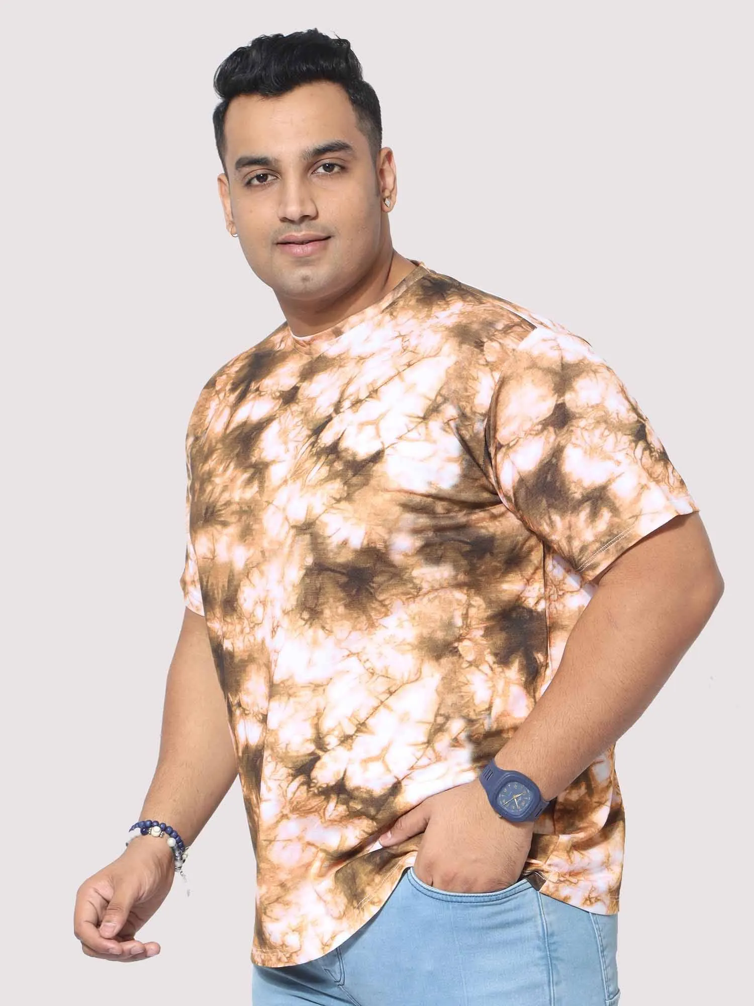 Men Plus Size Mustard Tie Dye Texture Digital Printed Round Neck T-Shirt